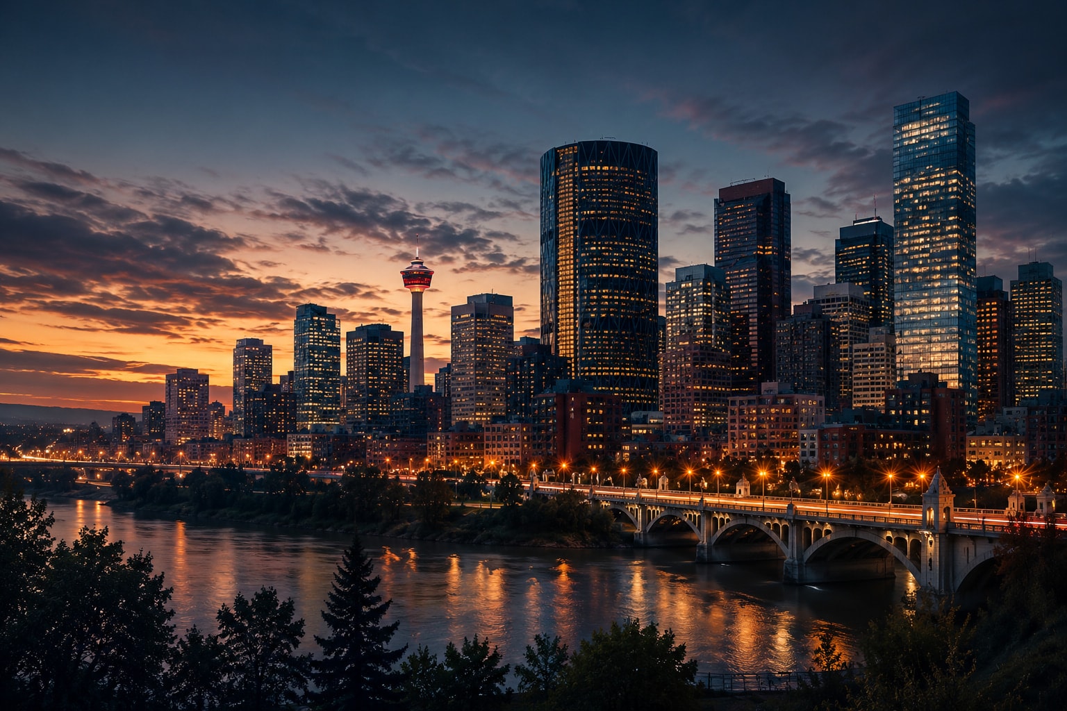 Calgary skyline at dusk, with the Calgary Tower and Bow River
